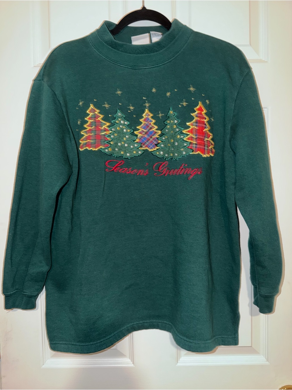 Bobbie Brooks Vintage Green Sweatshirt with Red, Gold and Multicolor Plaid Trees